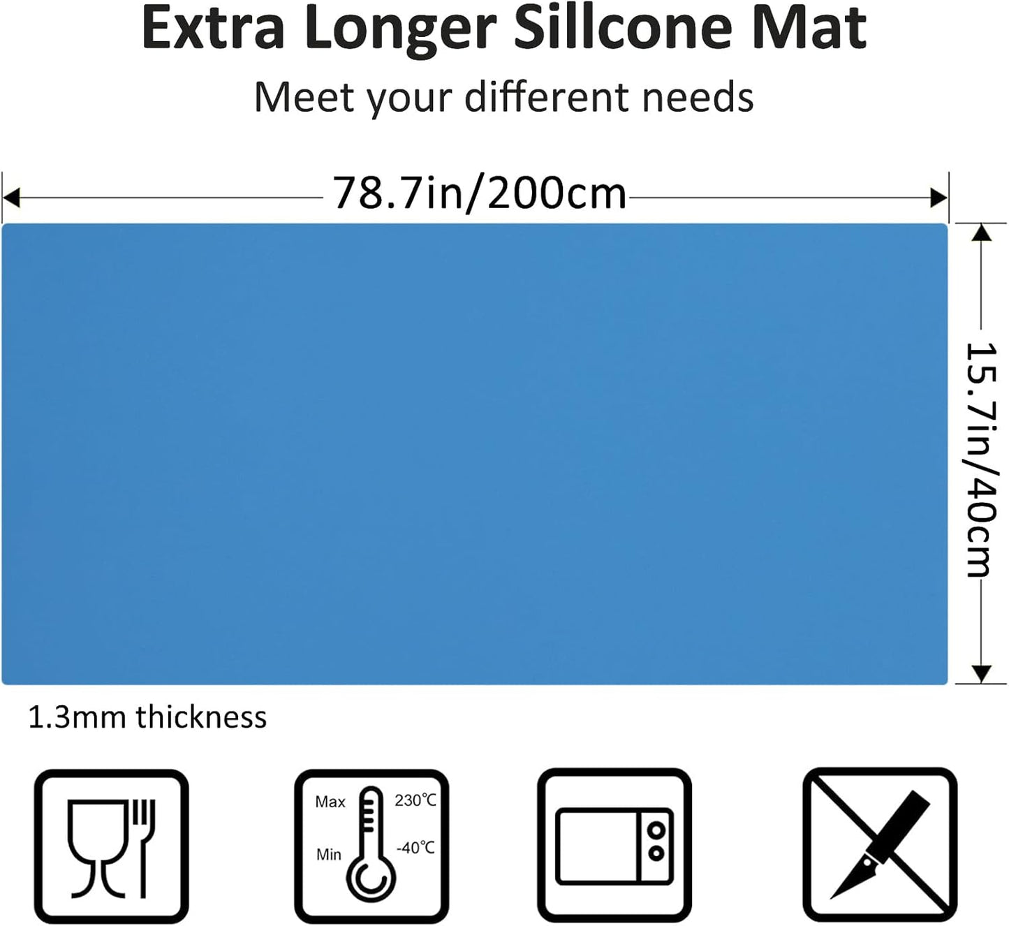 Silicone Mats for Kitchen Counter, Nonslip Silicone Mats for Crafts Countertop Protector Heat Resistant Mat (Light Blue, 78.7"L x 15.7"W)