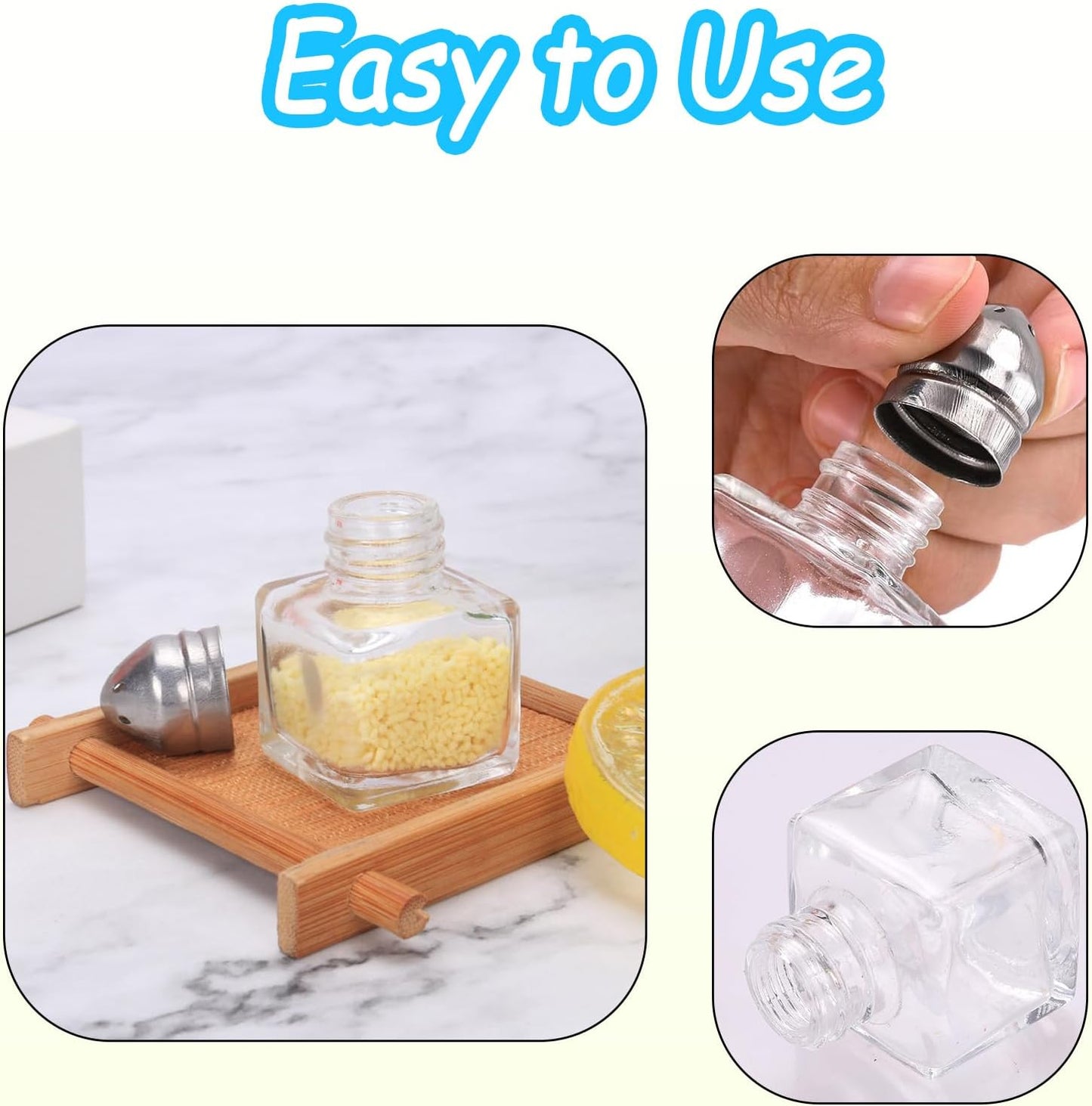 100 Pack Mini Salt and Pepper Shakers, 0.5 OZ Bulk Clear Glass Seasoning Jars Spice Shaker, Small Cube Glass Spice Shaker Container with Stainless Steel Lid for Kitchen Restaurant Supplies
