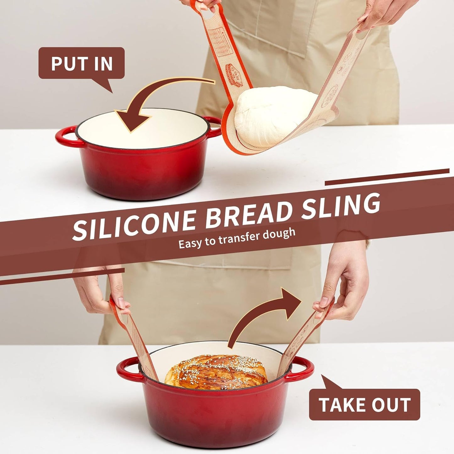 Silicone Sourdough Bread Sling Mat - 2Set Round Dough Baking Slings For Dutch Oven, NonStick High Degree Kitchen Sourbread Making Loaf Pan Lifter Liner, Reusable Cooking Transfer Mats with Long Handle