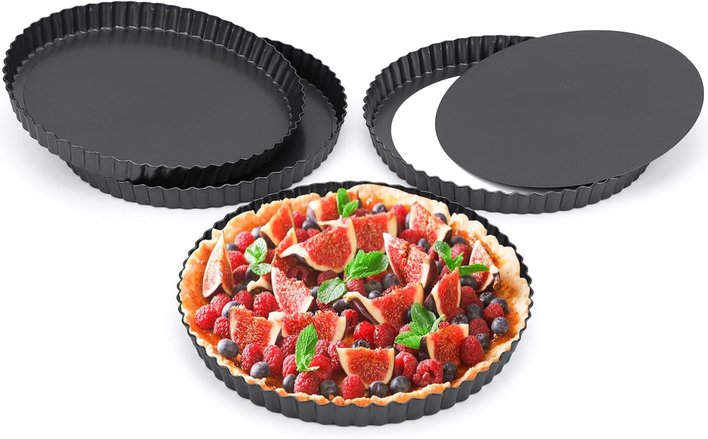 Beasea Tart Pan 9 Inch with Removable Bottom, 4pcs Nonstick Carbon Steel Round Quiche Pie Pans for Baking Tart Quiche Desserts