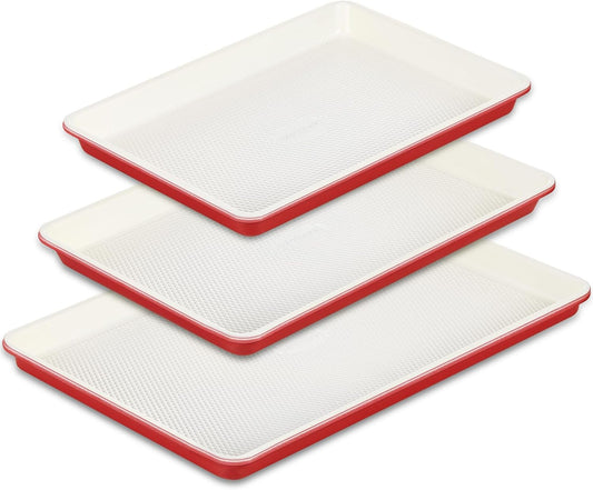 HONGBAKE 3 Pack Nonstick Ceramic Baking Sheet Pan Set for Oven, Non-Toxic Half/Quarter/Jelly Roll Pans with Diamond Texture, 0.8mm Aluminized Steel Cookie Trays for Cooking, Christmas Red & Cream