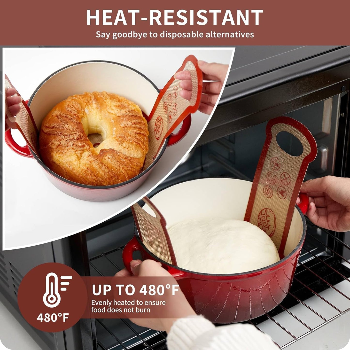 Silicone Sourdough Bread Sling Mat - 2Set Oval Round Dough Baking Slings for Dutch Oven, NonStick High Degree Kitchen Sour Cookie Making Loaf Pan Lifter Liner, Reusable Transfer Mats With Long Handles