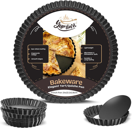 Bundle Pack 9" and 4" Mini Tart and Quiche Pan Combo, False Bottom, Deep Fluted Tart and Quiche with Removable Bottom - Non-Stick