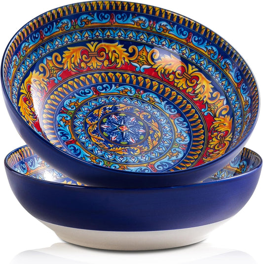 Large Serving Bowls Set of 2, Bohemian Style 10" Large Ceramic Bowls for Entertaining and Party, Bowls for Pasta Soup Fruit Ramen Cereal, Dishwasher Oven Safe