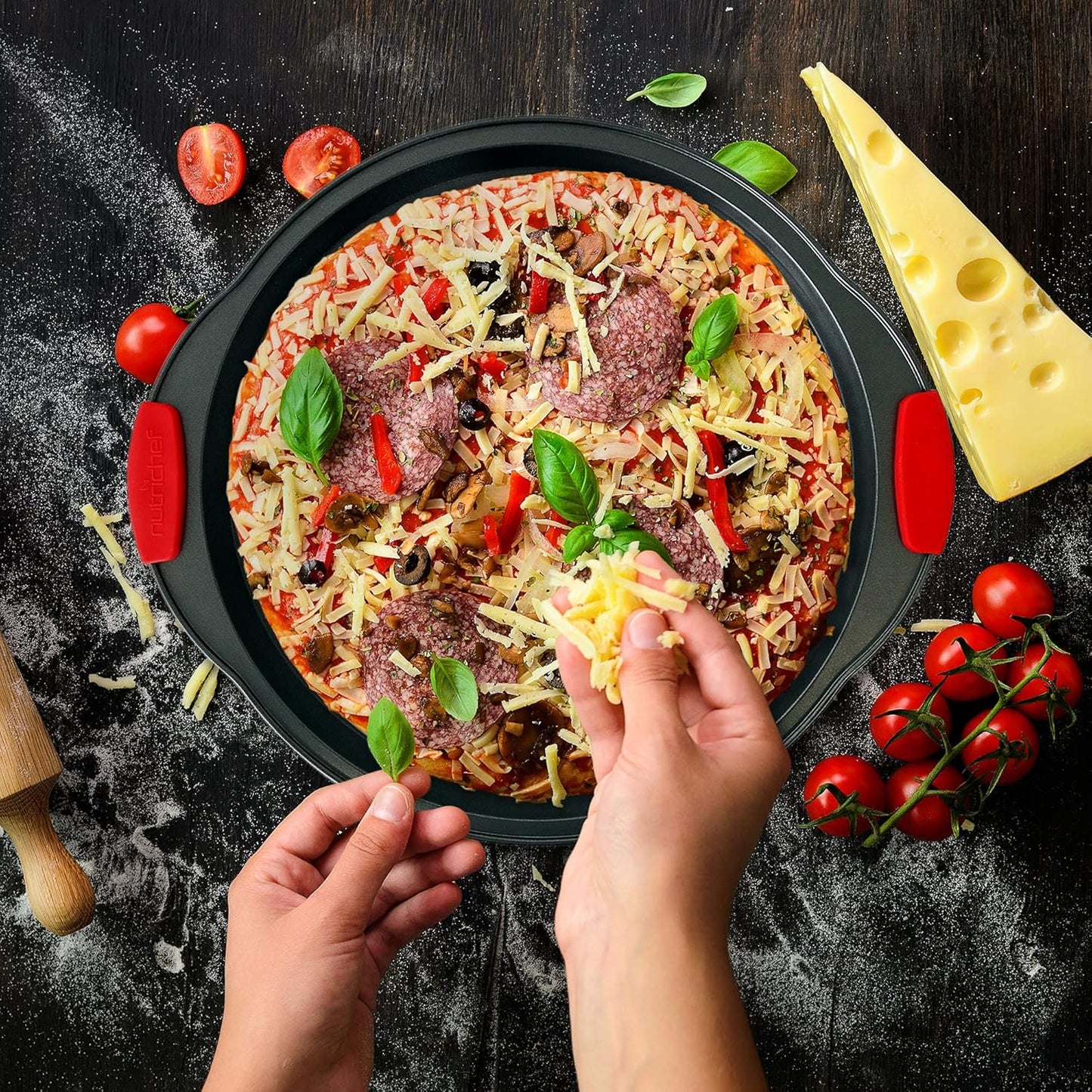 NutriChef 6-Piece Nonstick Bakeware Set - Carbon Steel Baking Tray Set w/ Heatsafe Red Silicone Handles, Oven Safe Up to 450°F, Loaf Muffin Round/Square Pans, Cookie Sheet, Baking Pan -NCSBS6S,Black